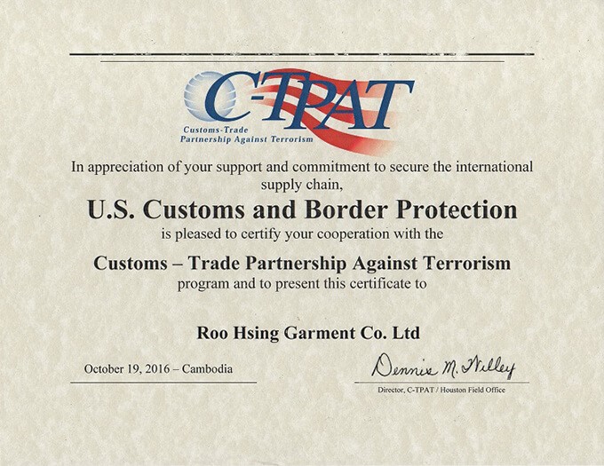 榮獲 柬埔寨首家C-TPAT反恐驗證工廠